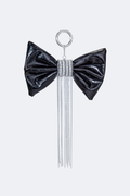 Crocodile-Embossed Bow With Cascading Fringe Chain Charm
