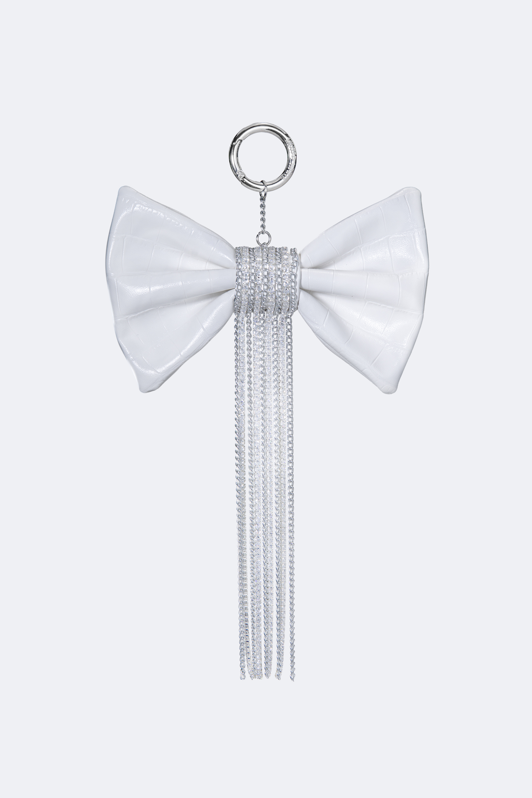 Crocodile-Embossed Bow With Cascading Fringe Chain Charm