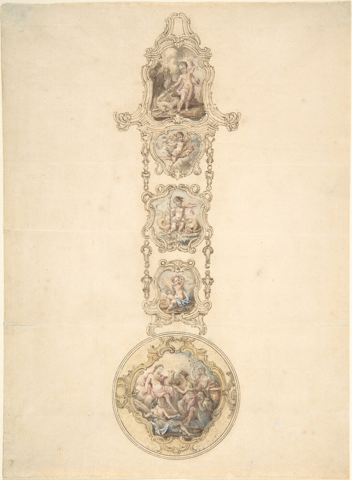 George Michael Moser's 18th-century design drawing for an enamelled watchcase and châtelaine with mythological figures